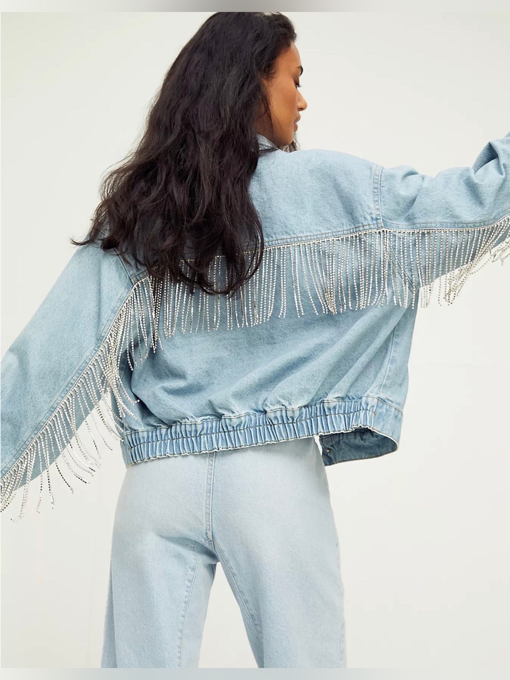 FREE PEOPLE Rhinestone Fringe COMET Denim Bomber Jacket - Picture 2 of 16